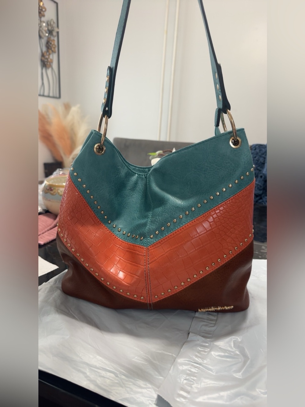 Montana West Teal, Orange & Brown Studded Colorblock Hobo